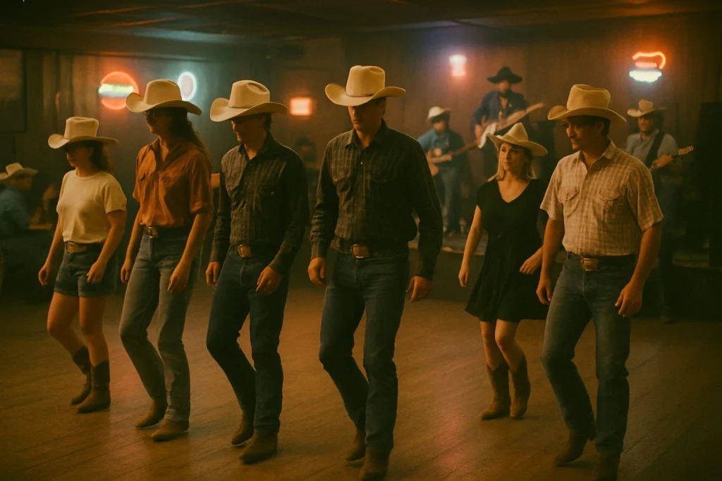 Storia della line dance: ballerini country in un saloon